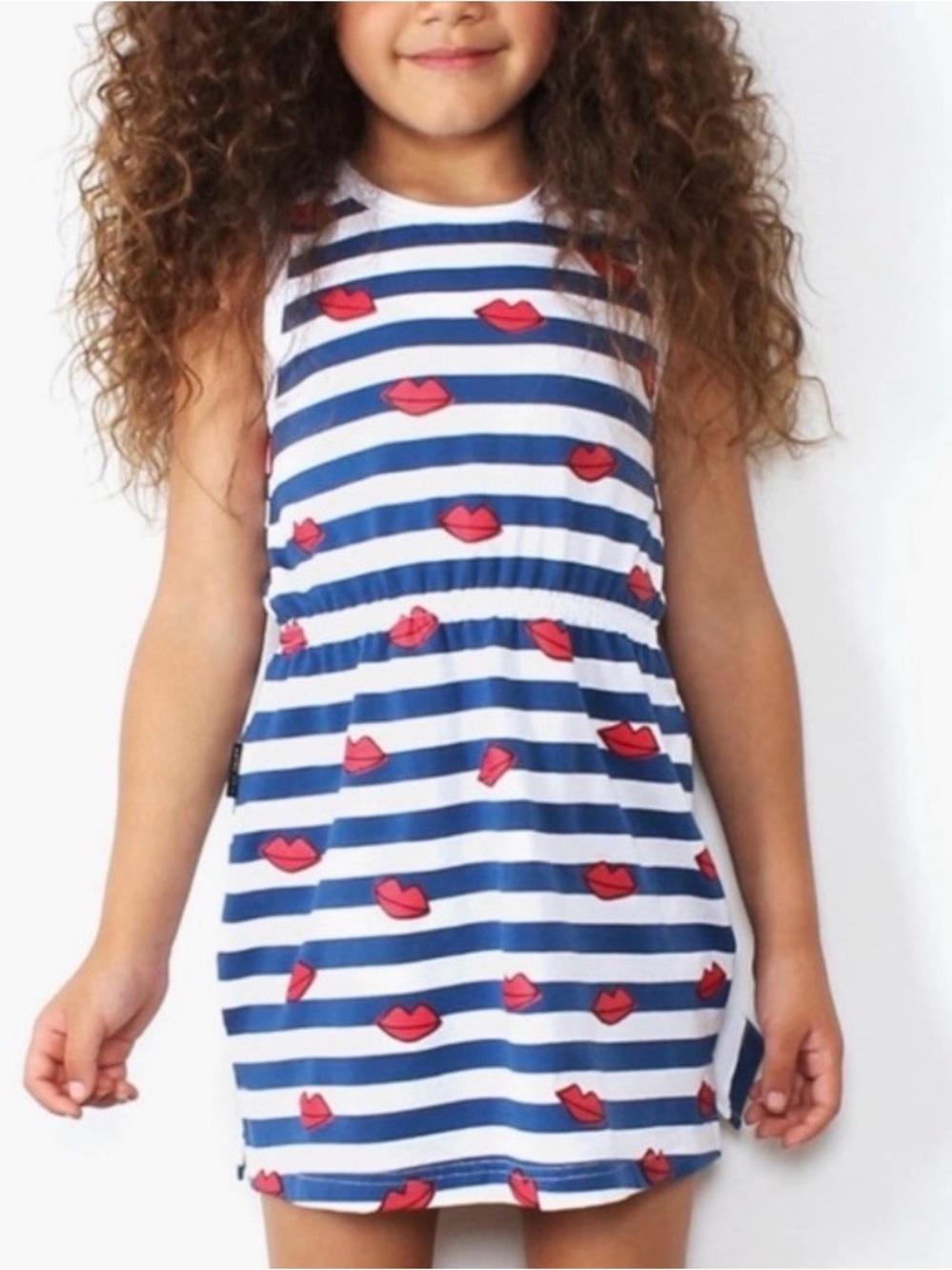 Tiny Tribe Girls Stripe Lip Print Tank Dress Blue White Red Size 5